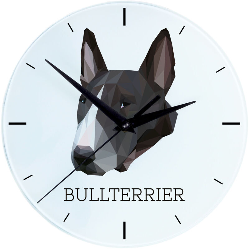 foto del prodotto bull terrier, bull terrier orologio da parete geometrico con foto e scritta del marchio art dog