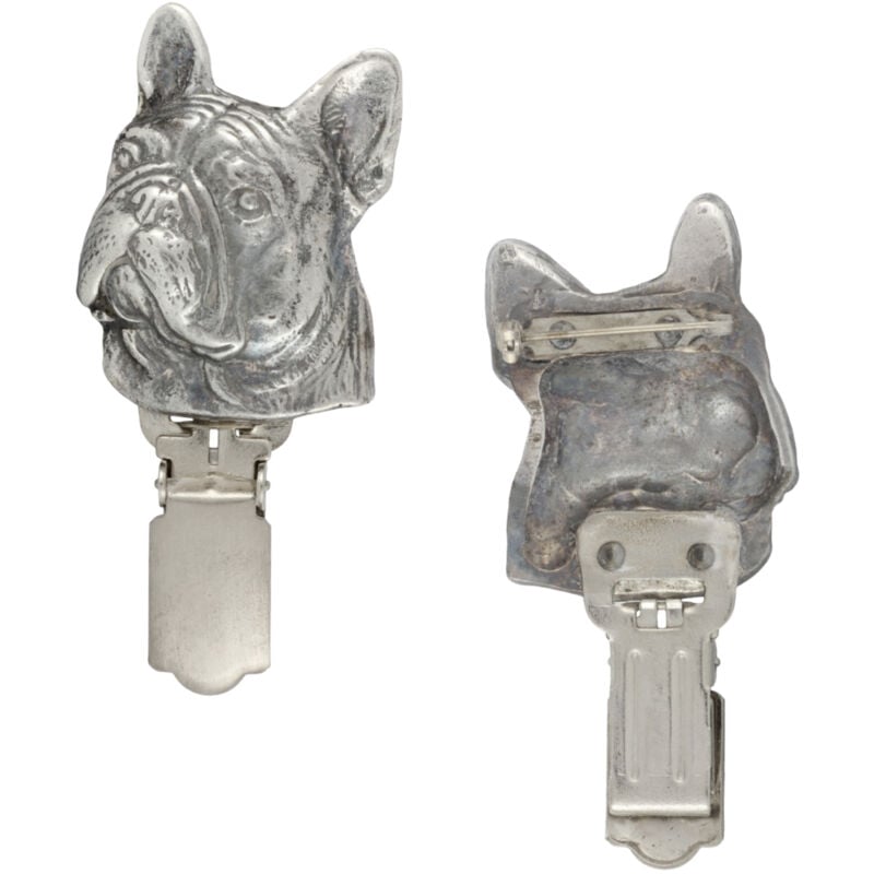 foto del prodotto bulldog francese spilla con clip, porta numero di partenza, distintivo argentato per esposizioni canine di art dog