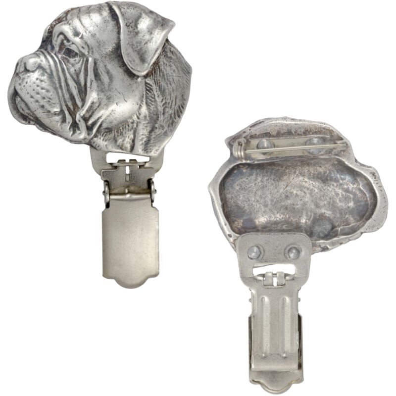 foto del prodotto bullmastiff, bulmastif spilla con clip, porta numero di partenza, distintivo argentato per esposizioni canine di art dog