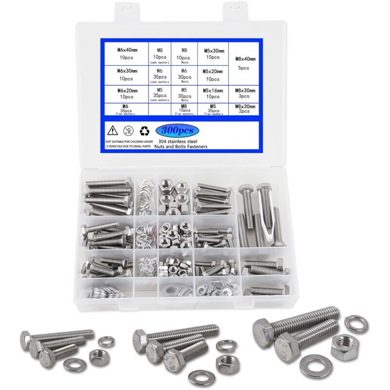 foto del prodotto bulloni e dadi dpzo m5 m6 m8 con rondelle piatte elastiche in acciaio inossidabile 304 a2 70 viti a testa esagonale kit bulloni e dadi 300 pezzi dpzo