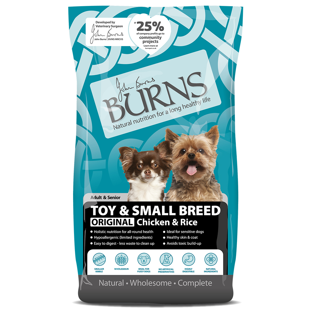 foto del prodotto burns adult &amp; senior original toy &amp; small breed - pollo e riso crocchette per cane - 6 kg