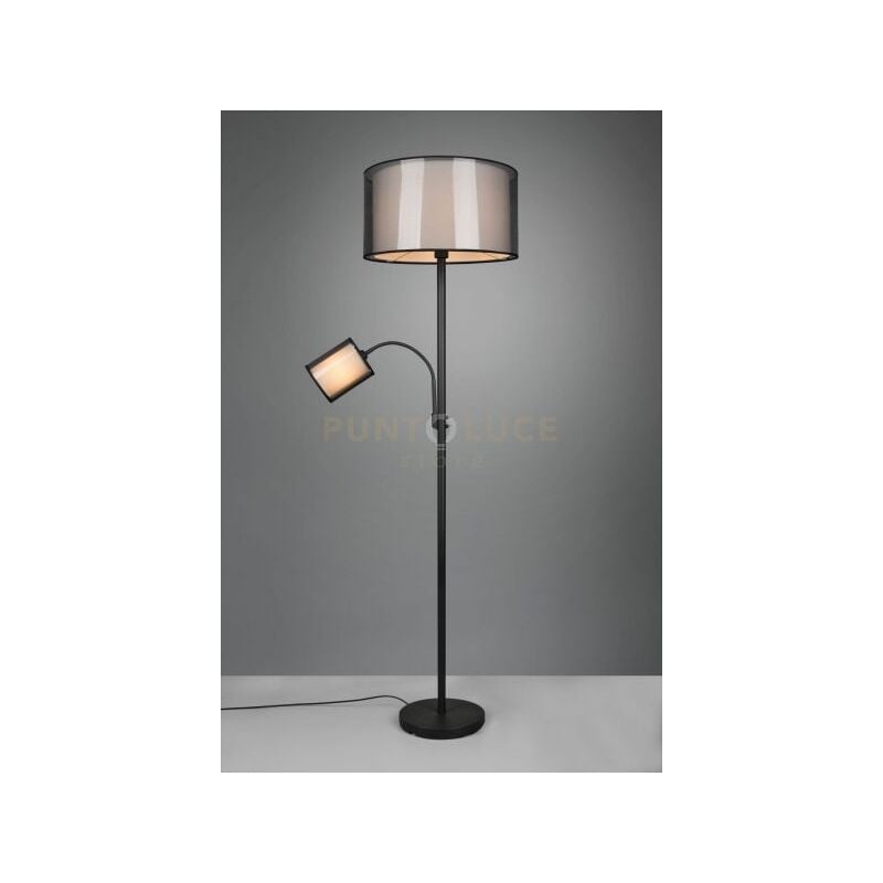 foto del prodotto burton piantana metallo nero con lampada da lettura paralumi bianchi e diffusori esterni traforati neri h. 174cm 2 luci attacco e27 e14