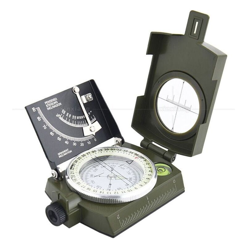 foto del prodotto bussola militare professionale, bussola in metallo impermeabile ip65, bussola fluorescente con clinometro e borsa per il trasporto per avventure, campeggio e orienteering.