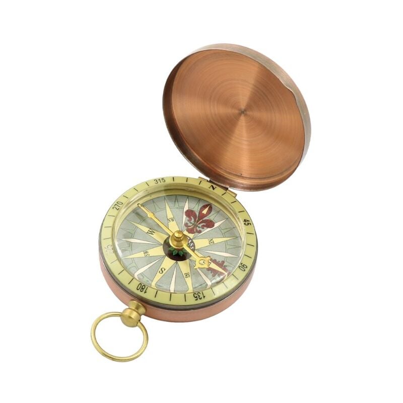 foto del prodotto bussola tascabile portatile, bussola in rame con coperchio a ribalta e cappuccio pieghevole automatico, bussola vintage in metallo retr per