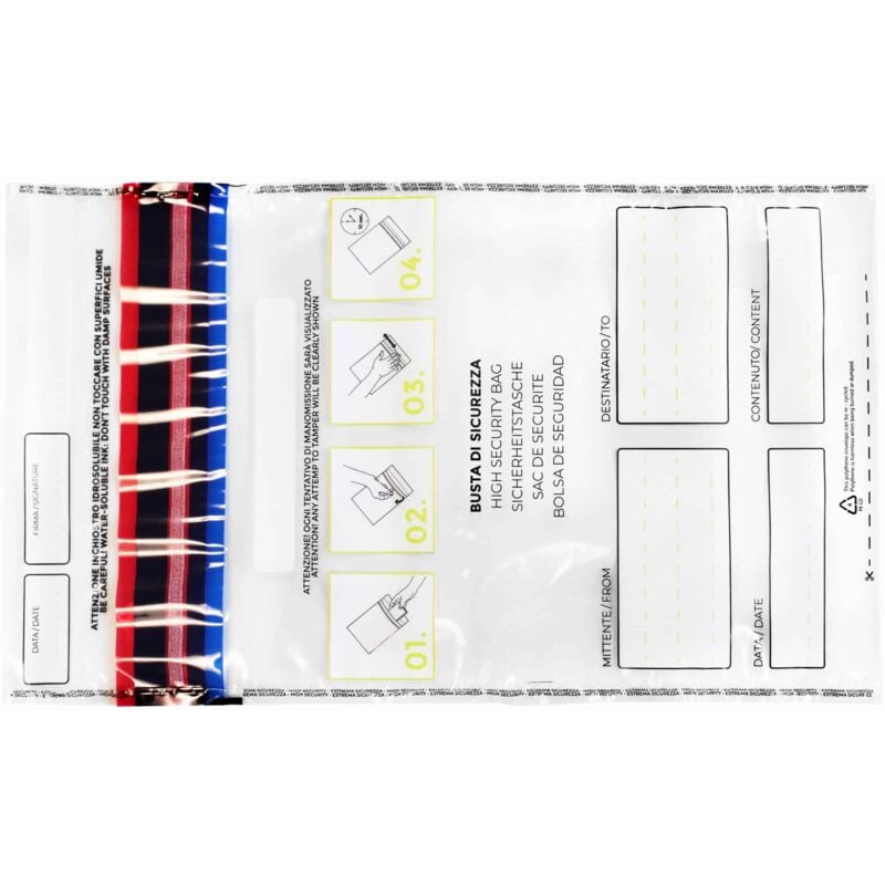 foto del prodotto busta di massima sicurezza con codice numerico barcode e nastro void numero pezzi 500 buste, packaging 120 200 30 mm
