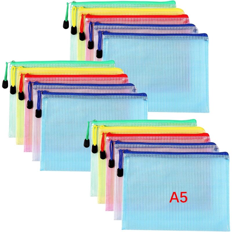 foto del prodotto busta in plastica formato a5, busta con cerniera da 15 pezzi, custodia portaoggetti con cerniera in rete in pvc, per conservare documenti, piccoli