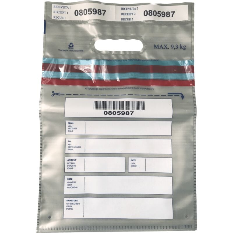 foto del prodotto busta porta valori con codice numerico barcode, nastro void e maniglia packaging 100 buste