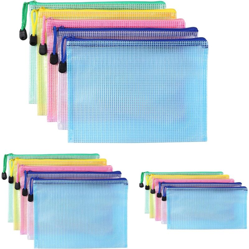 foto del prodotto buste in plastica a4 a5 a6, 15 buste con cerniera, buste portadocumenti in rete di pvc con cerniera, per conservare documenti, piccoli oggetti,