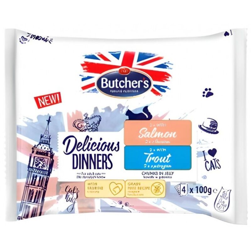 foto del prodotto butcher's delicatessen per gatti: salmone e trota in gelatina (4 x 100 g)
