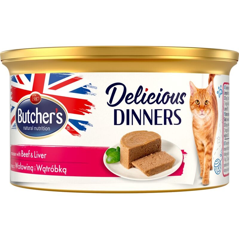 foto del prodotto butcher's delicious dinners, cibo per gatti, con manzo e fegato, mousse 85 g