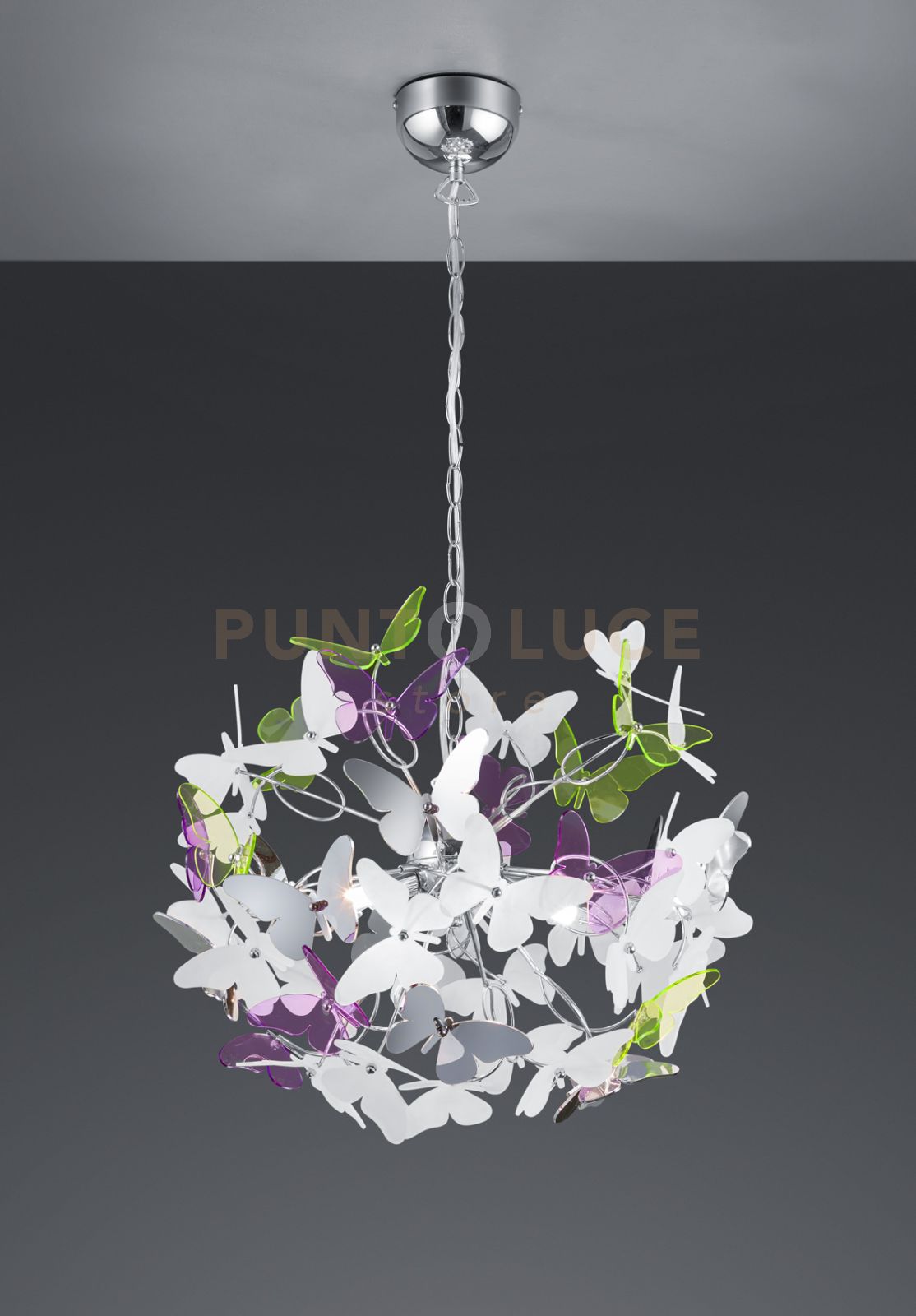 foto del prodotto butterfly sospensione cromata con farfalle incluso kit colorato e bianco d. 50cm 4 luci attacco g9