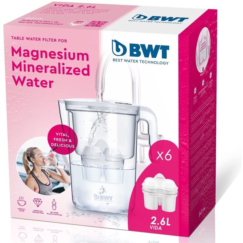 foto del prodotto bwt manual life vaso filtro acqua in magnesio confezione 6 vasi filtro acqua, 2,6 l, bianco