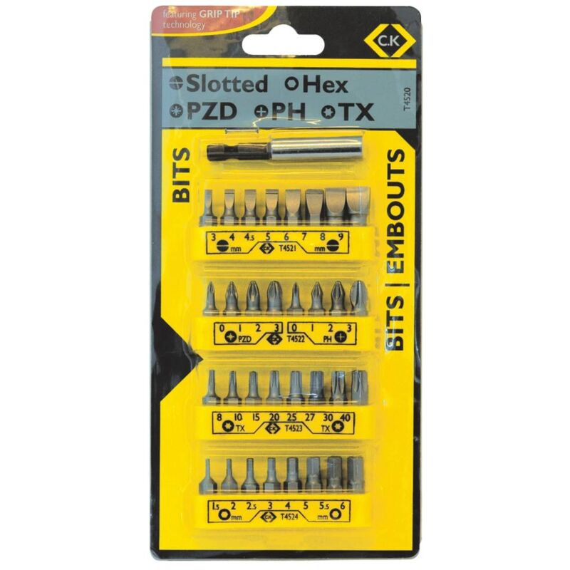 foto del prodotto c.k t4520 kit inserti 33 parti croce pozidriv, taglio, croce phillips, esalobo interno tx , brugola interna