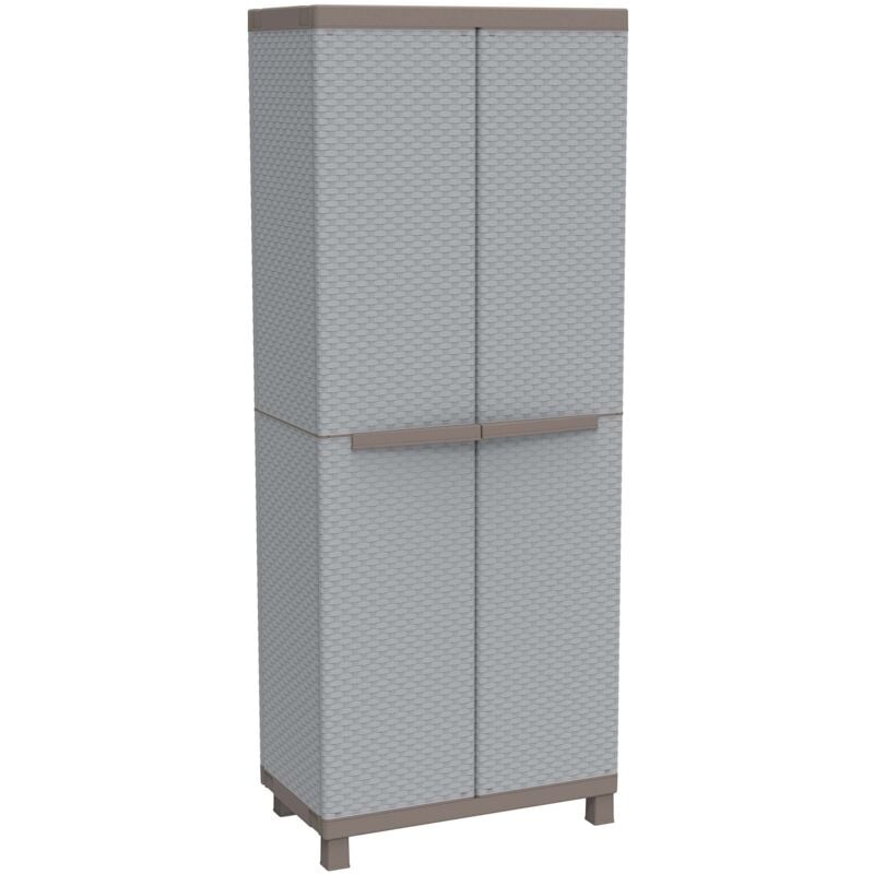 foto del prodotto c-rattan 3680, armadio da esterno interno a 2 ante effetto rattan, divisorio verticale e 3 ripiani. materiale plastica, dimensioni 68x39x170 cm
