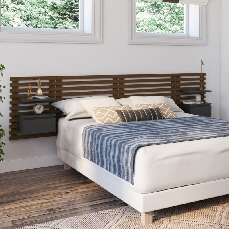 foto del prodotto cabecero de lamas ava con madera antigua de 240 cm y muebles altos negros