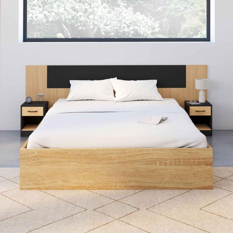 foto del prodotto cabecero sapa para camas de 140 y 160 cm con mesillas negras y efecto madera