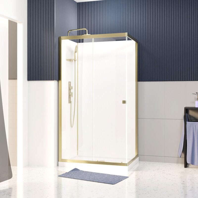 foto del prodotto cabina doccia 110x80x200 230 cm piatto basso pannelli bianchi e profili oro spazzolato