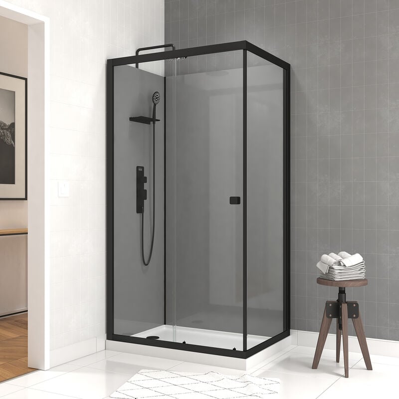 foto del prodotto cabina doccia 110x80x209 cm piatto basso grigio profili nero opaco foggy low