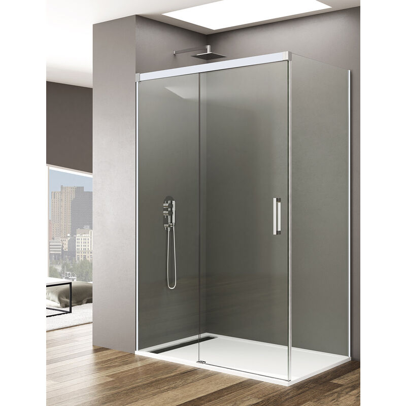 foto del prodotto cabina doccia angolare allstone basic 1 1 con lato fisso da 8 mm, senza profilo inferiore da 6 mm in alluminio. profilo bianco 110x70 cm
