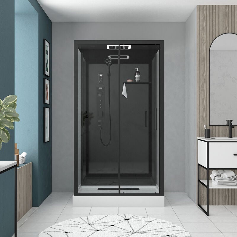 foto del prodotto cabina doccia idromassaggio 115x90x218 cm porta scorrevole pannelli e profili nero opaco