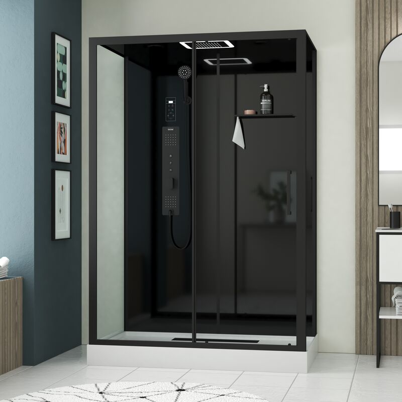 foto del prodotto cabina doccia idromassaggio 140x85x218 cm porta scorrevole pannelli e profili nero opaco