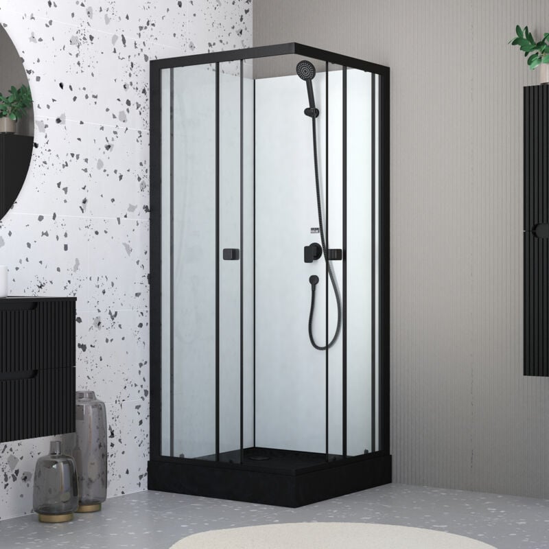 foto del prodotto cabina doccia quadrata 80x80x200 cm porte scorrevoli piatto nero opaco