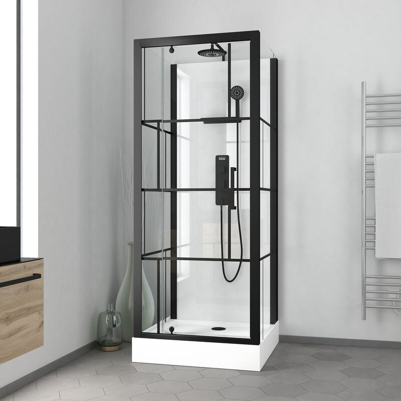 foto del prodotto cabina doccia quadrata 80x80x213 cm - porta girevole - bianca e profili neri opachi - rubiq