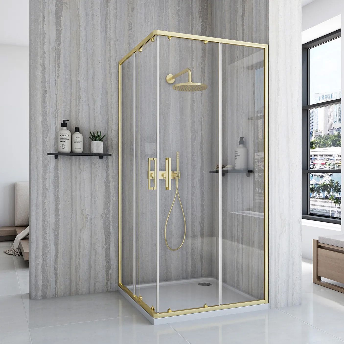 foto del prodotto cabina doccia rea city 80x80 gold brush con piatto doccia savoy