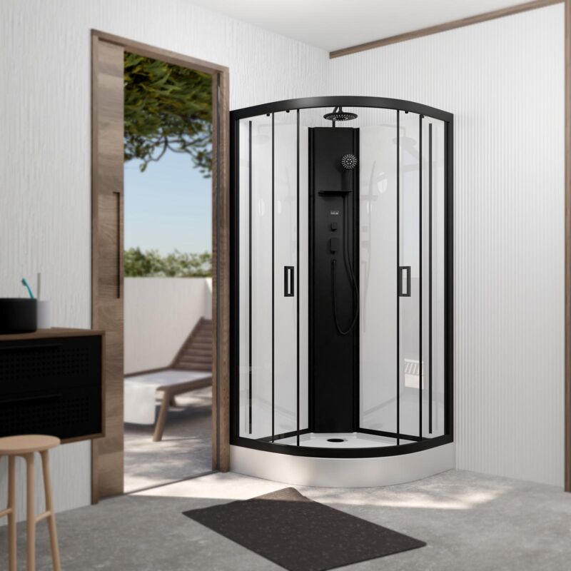 foto del prodotto cabina doccia semicircolare 85x85x210 235 cm piatto sfondi bianchi colonna profili neri