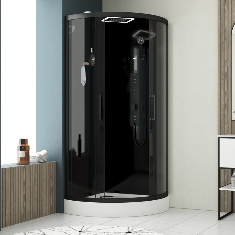 foto del prodotto cabina doccia semicircolare 95x95x215 cm porte scorrevoli pannelli e profili nero opaco