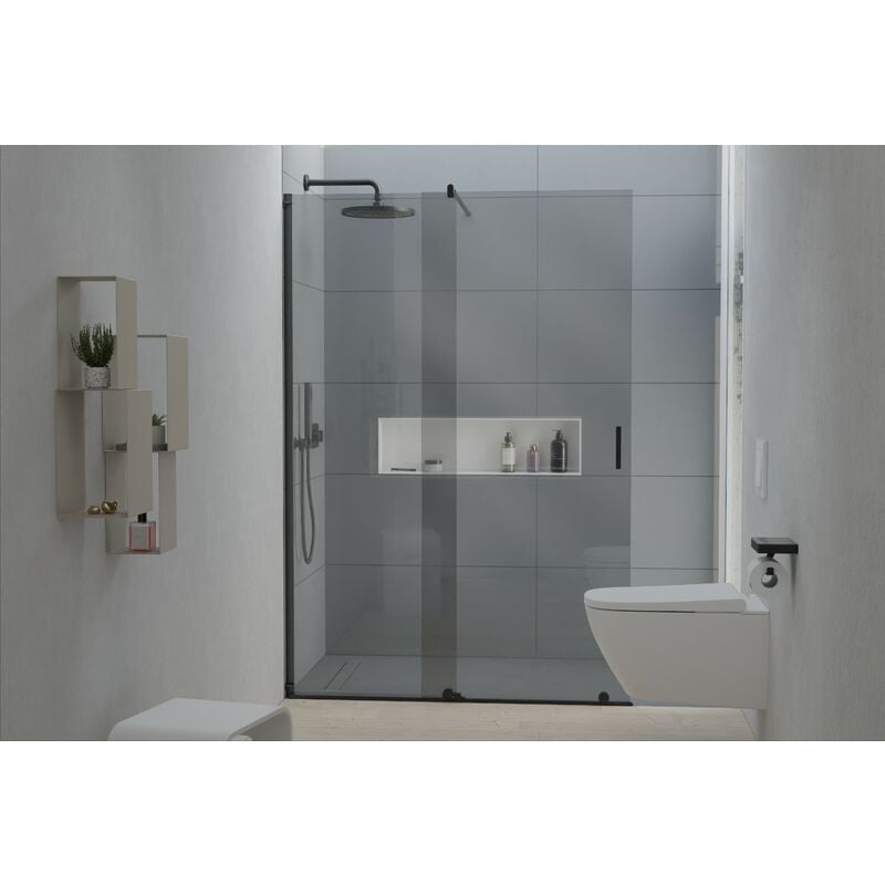 foto del prodotto cabina doccia walk in nt101 porta scorrevole nero opaco vetro nano grey 8mm larghezza selezionabile 1600mm
