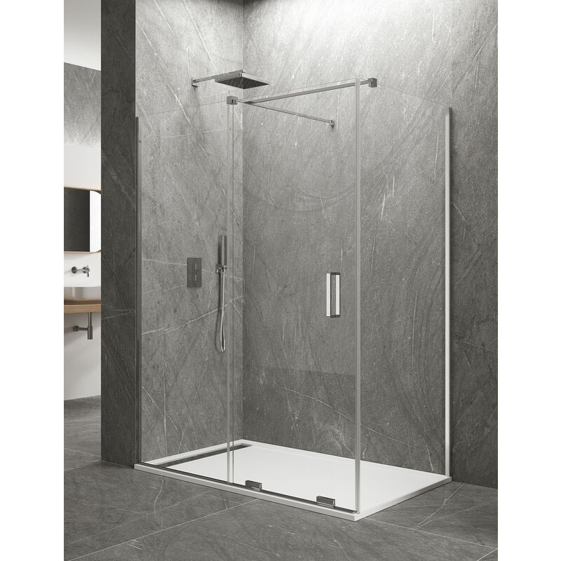 foto del prodotto cabina parete doccia angolare allstone keres 1 1 con lato fisso, senza profilo inferiore o superiore, vetro da 8 mm 140x90 cm barra di
