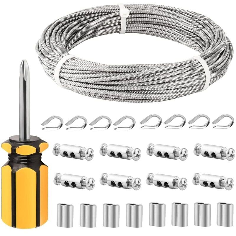 foto del prodotto cable inox 3mm,30m 3mm corde en acier inoxydable,cable en acier rev tu avec serre c bles,m3 manchons,cosses en acier inoxydable,3mm cable m tallique