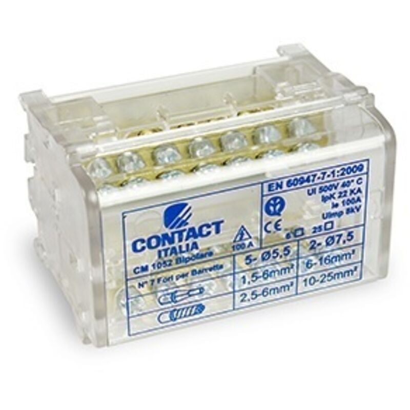 foto del prodotto cabur morsettiera bipolare cm 1052 100a 7 fori filo elettrico cavo unipolare fin 25 mm