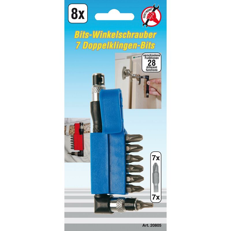 foto del prodotto cacciavite ad angolo con 7 inserti a doppia punta attacco esagono esterno 6,3 mm 1 4 8 pz.