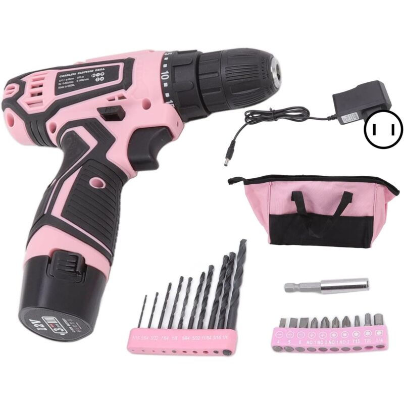foto del prodotto cacciavite elettrico 12v trapano compatto senza fili ricaricabile utensili manuali kit di viti giroscopiche automatiche set di utensili rosa per