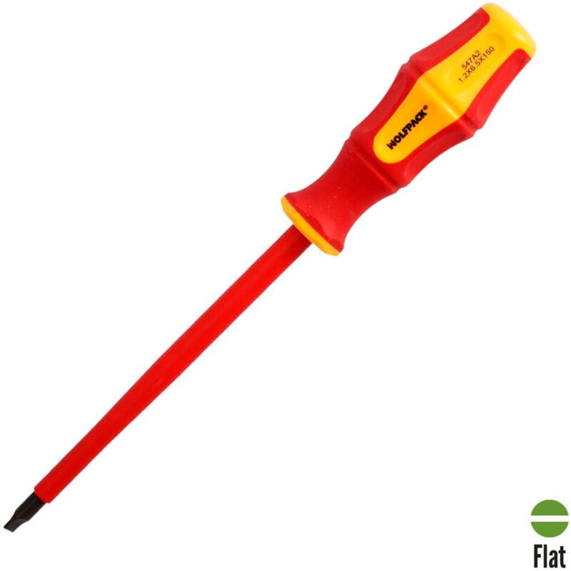 foto del prodotto cacciavite piatto isolato certificato vde 1.000 v. dimensioni 1,2 x 6,5 x 150 mm. cacciavite di sicurezza per elettricisti