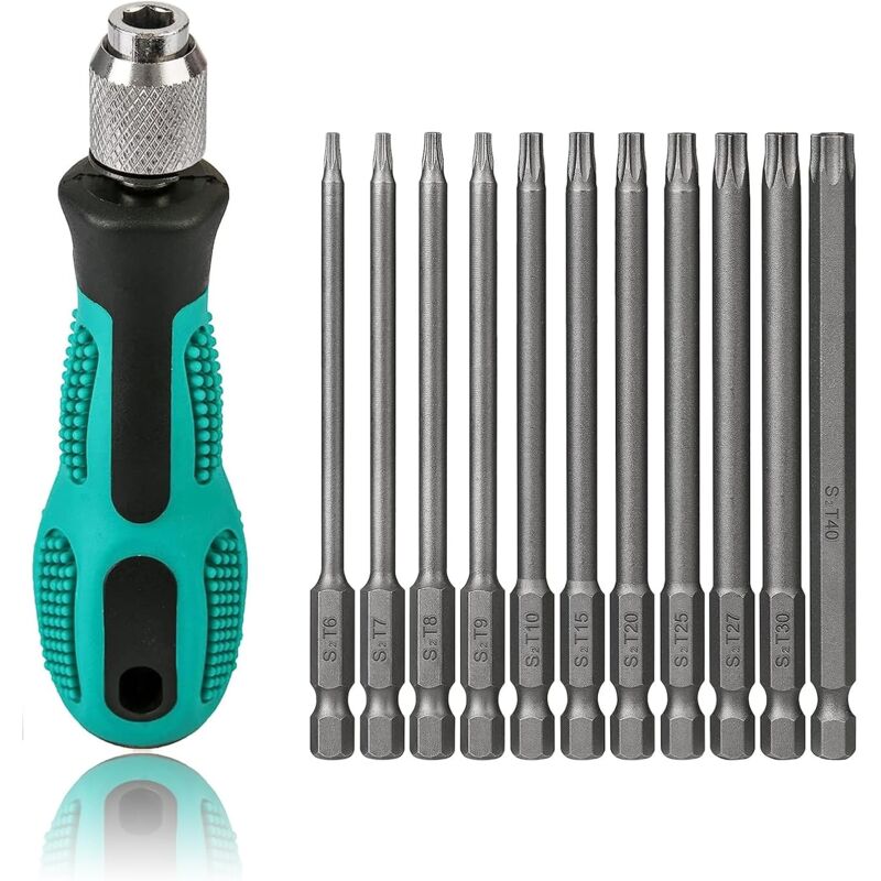 foto del prodotto cacciavite torx t6 t40, 12 pezzi, set di punte torx magnetiche lunghe 100 mm con t30 e impugnatura, attacco esagonale da 1 4 di pollice, utensili