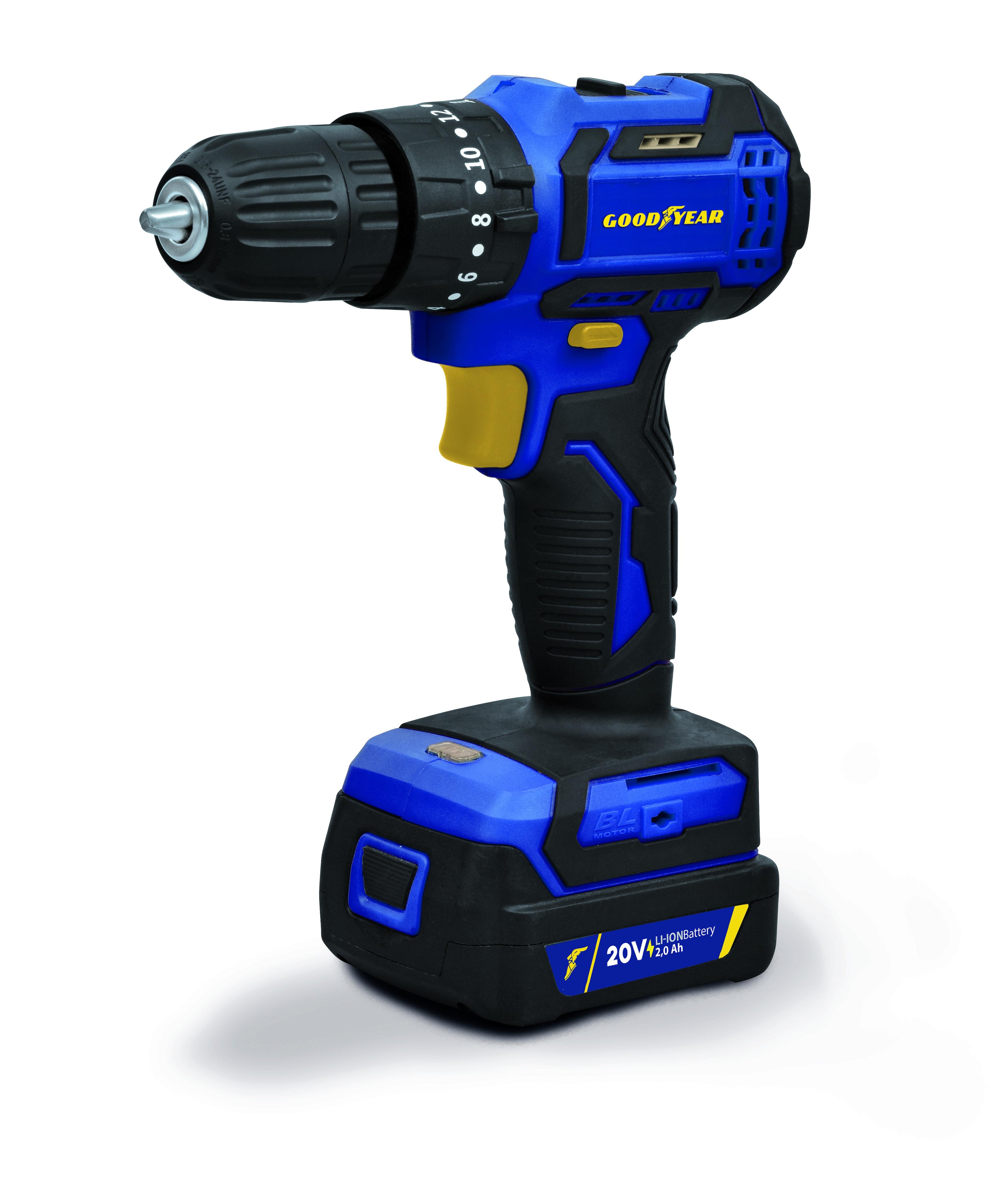 foto del prodotto cacciavite trapano martello con batteria al litio 20v.2 v 400 1300 g m. set di 7 punte e caricabatterie inclusi goodyear