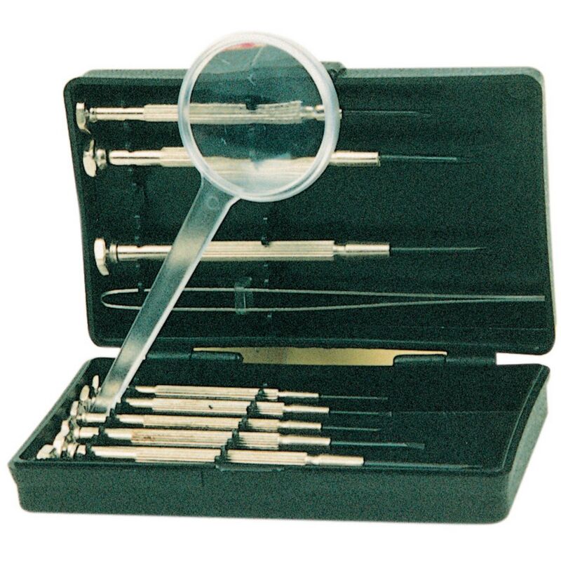 foto del prodotto cacciaviti di precisone per orologiaio con lente ingrandimento pinzetta e caccia