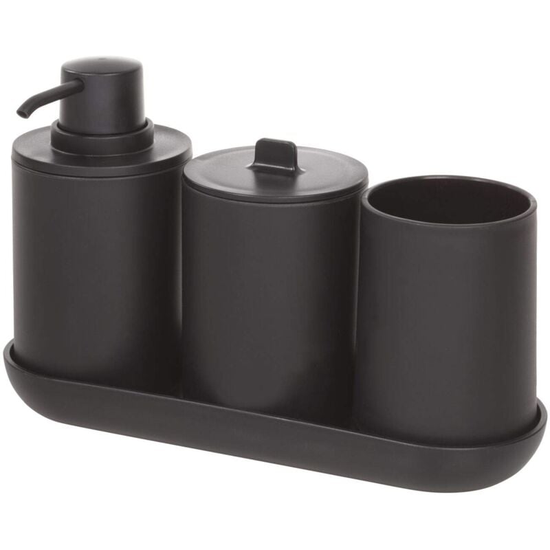 foto del prodotto cade accessori bagno, set da 4 in plastica composto da dispenser sapone, portaspazzolini, contenitore cotone e vassoio, nero, 24,5 cm x 8,9 cm x 16,2