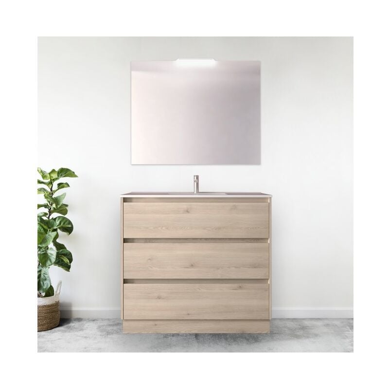 foto del prodotto caesaroo mobile bagno a terra 100 cm 3 cassetti in legno naturale con lavabo ad incasso nova con specchio e lampada led