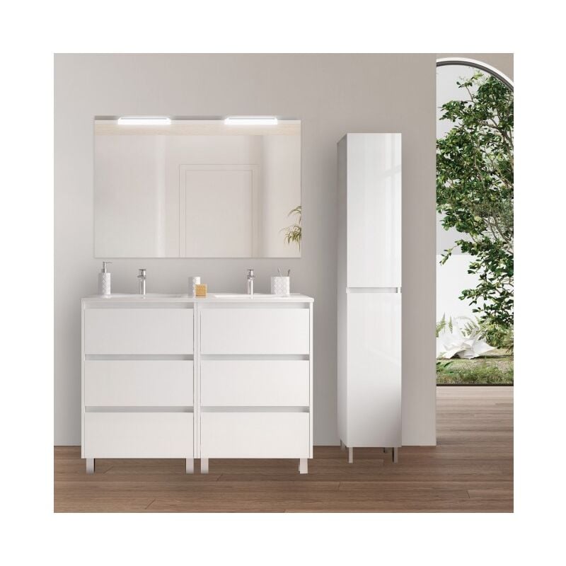 foto del prodotto caesaroo mobile bagno a terra 120 cm 6 cassetti in legno bianco lucido con lavabo ad incasso nova standard