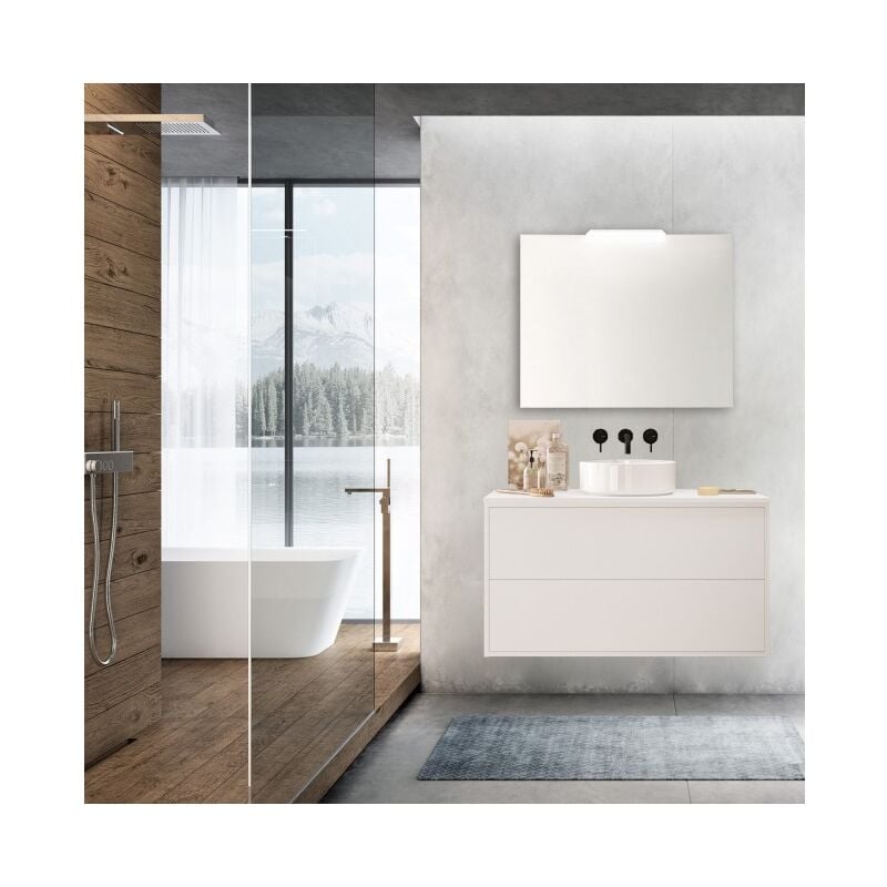 foto del prodotto caesaroo mobile bagno sospeso 100 cm 2 cassetti in legno bianco satinato con lavabo d appoggio olympus 100 cm standard