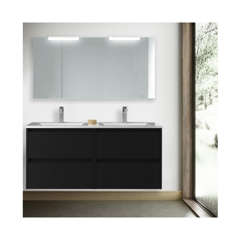 foto del prodotto caesaroo mobile bagno sospeso 120 cm 4 cassetti in legno nero satinato con lavabo a incasso nova con doppia colonna