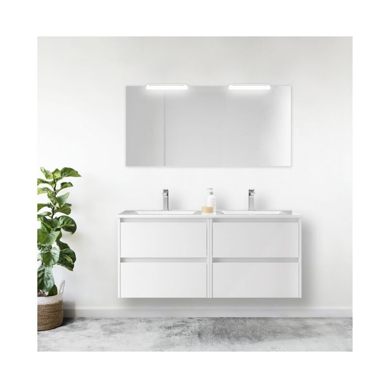 foto del prodotto caesaroo mobile bagno sospeso 140 cm 4 cassetti in legno bianco lucido con lavabo a incasso nova 140 cm con doppia colonna
