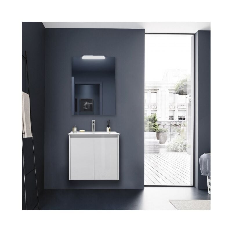 foto del prodotto caesaroo mobile bagno sospeso 70 cm 2 ante in legno bianco lucido con lavabo ad incasso nova con specchio e lampada led