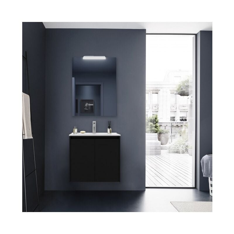 foto del prodotto caesaroo mobile bagno sospeso 70 cm 2 ante in legno nero satinato con lavabo ad incasso nova con specchio e lampada led