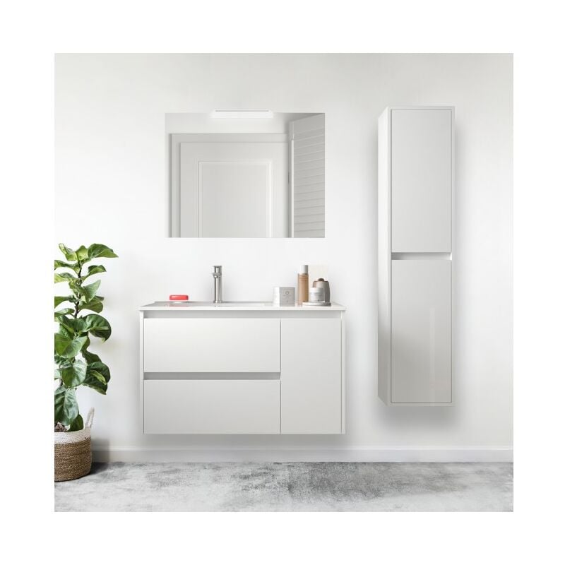 foto del prodotto caesaroo mobile bagno sospeso 85 cm 2 cassetti e 1 anta in legno bianco lucido con lavabo ad incasso nova standard