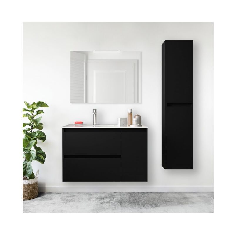 foto del prodotto caesaroo mobile bagno sospeso 85 cm 2 cassetti e 1 anta in legno nero satinato con lavabo ad incasso nova standard